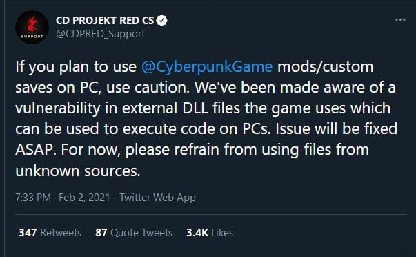 Cyberpunk 2077 PC Players Warned Against Using Mods and Custom Saves Due to  Vulnerability
