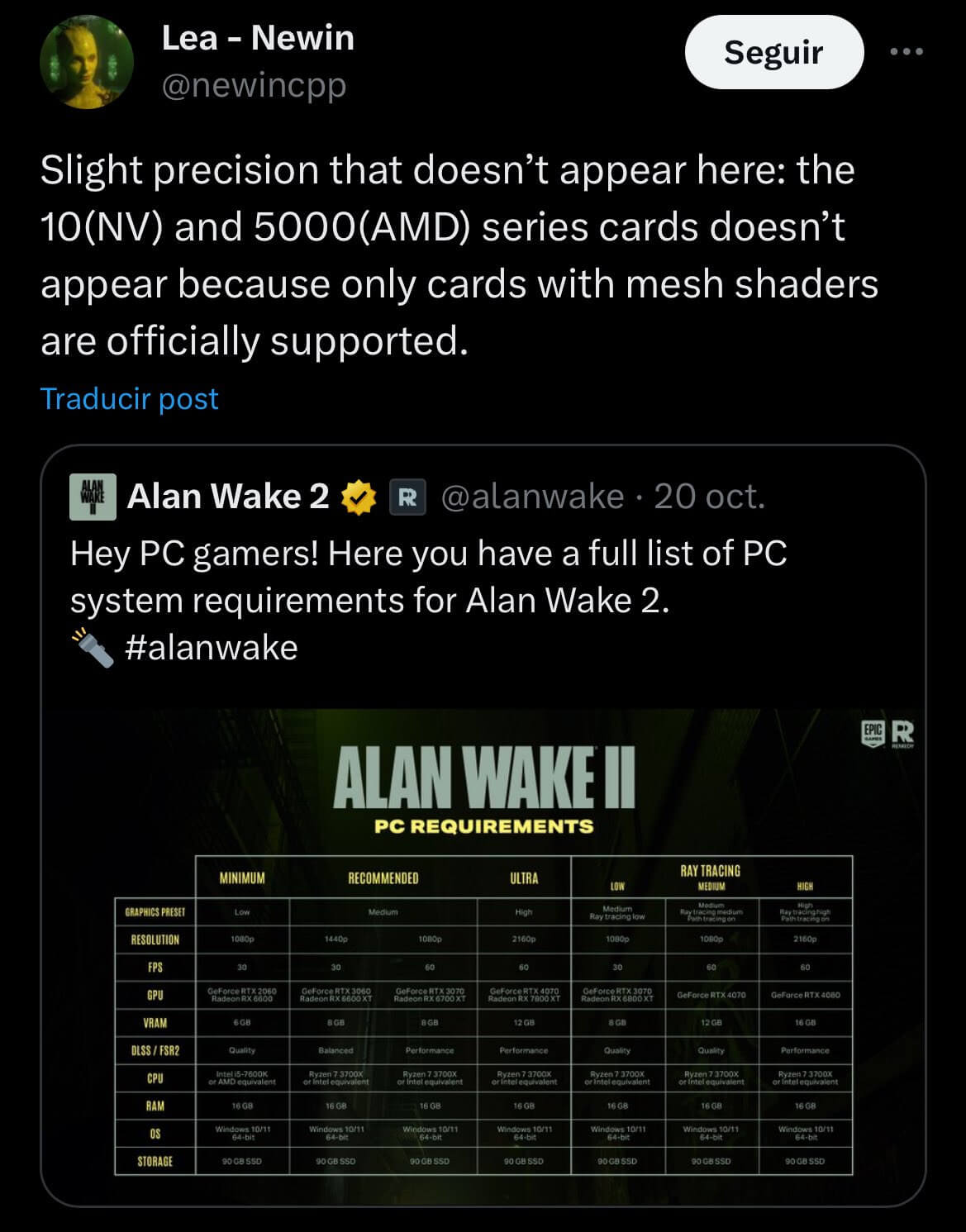 Alan Wake 2 Reveals PC System Requirements